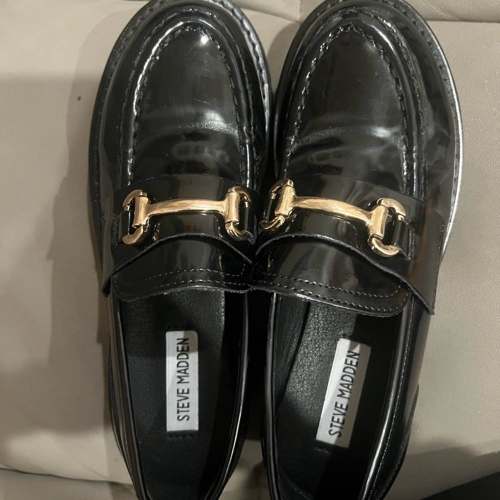 Steve Madden Black Loafers with Gold Accent